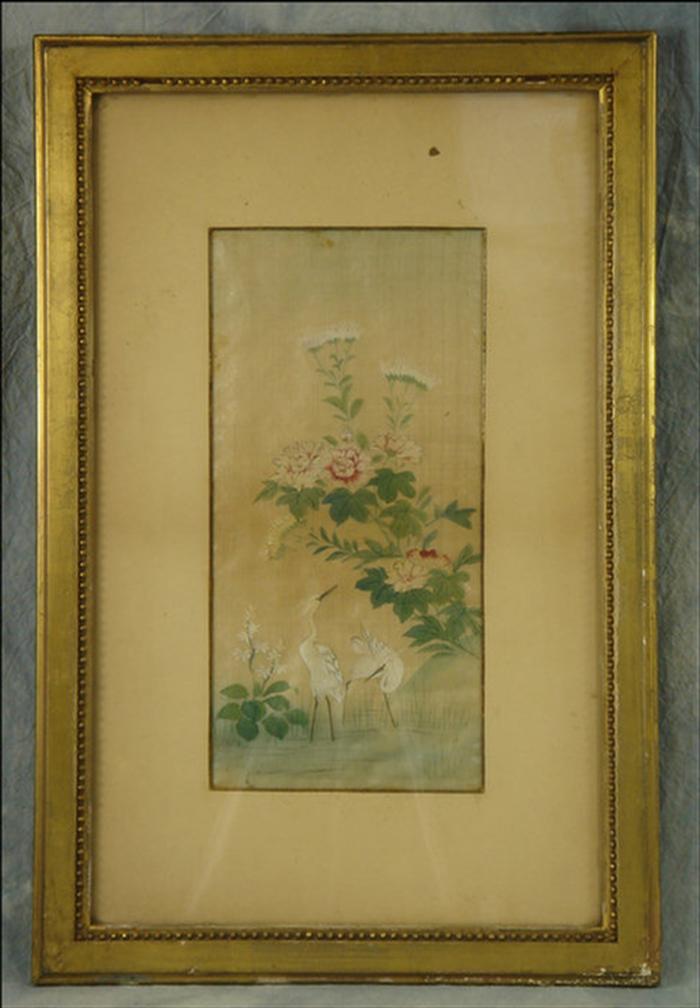 Appraisal: Japanese painting on silk Cranes in a floral landscape x