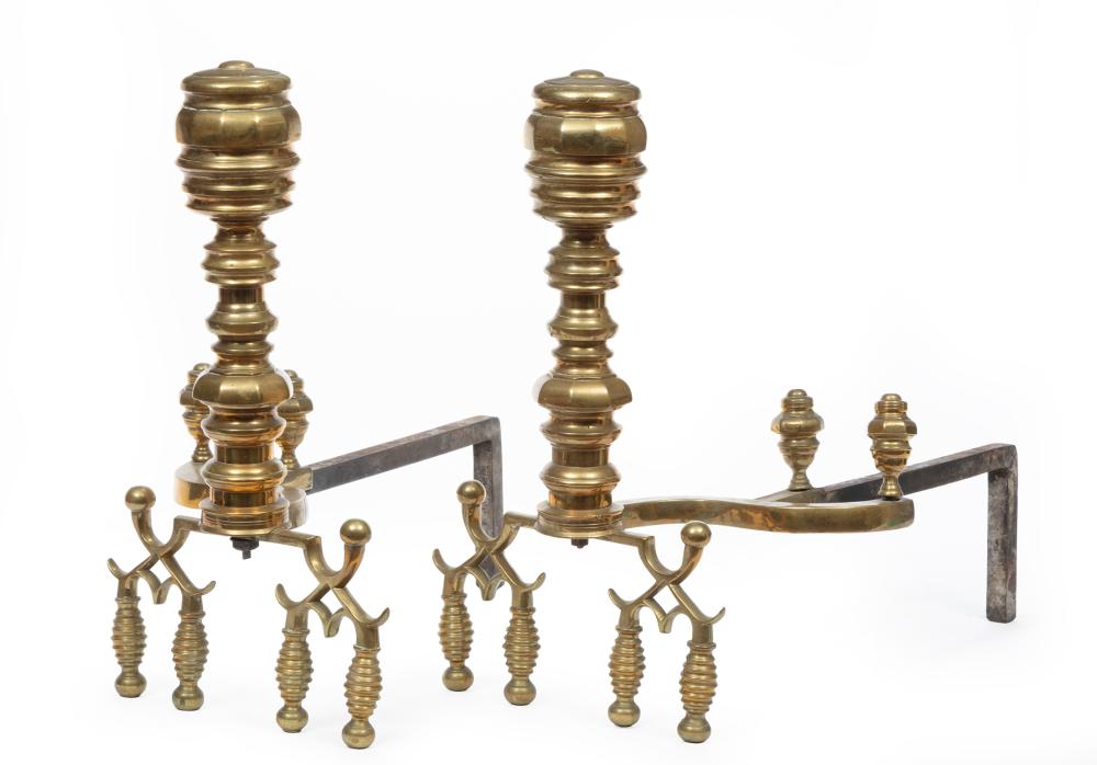 Appraisal: Pair of American Classical Brass Andirons c New York ribbed