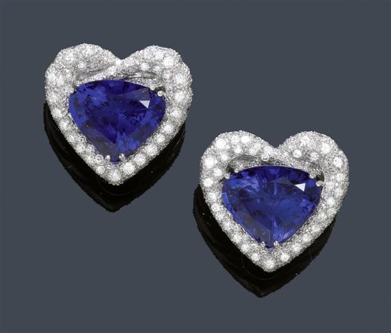 Appraisal: TANZANITE AND DIAMOND EAR CLIPS White gold Very fancy heart-shaped