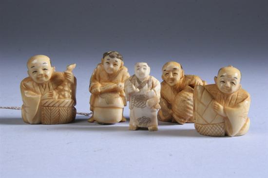 Appraisal: FIVE JAPANESE IVORY NETSUKE th century Carved to depict various