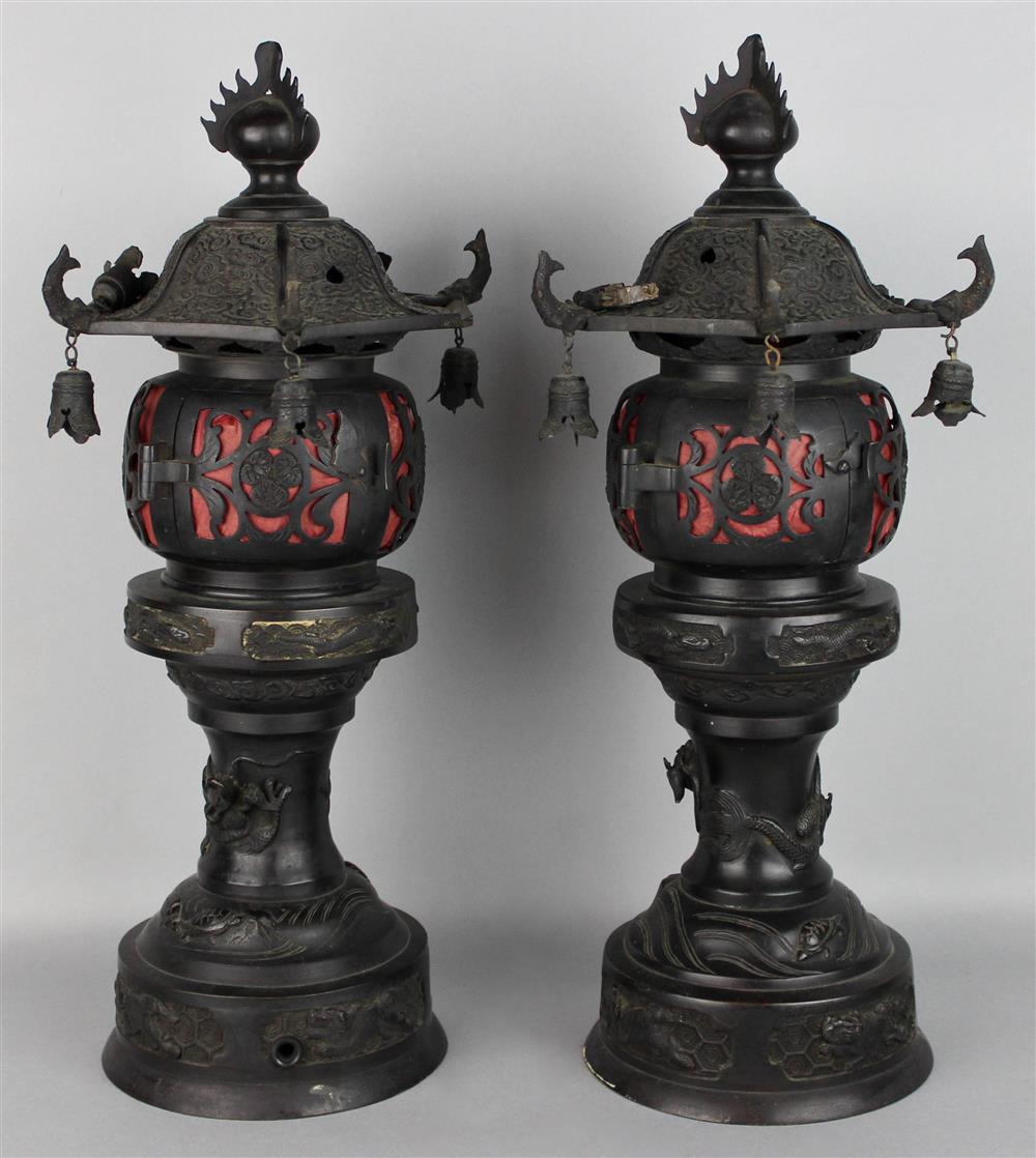 Appraisal: PAIR OF JAPANESE SMALL BRONZE LANTERNS in the form of