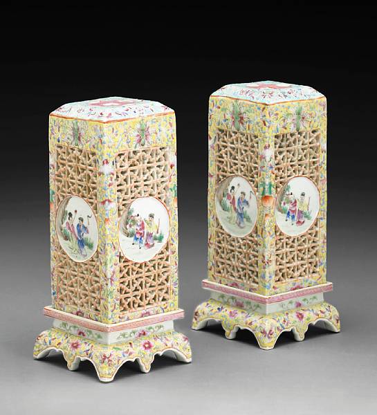 Appraisal: A pair of famille rose enameled porcelain two-section perfumers Republic