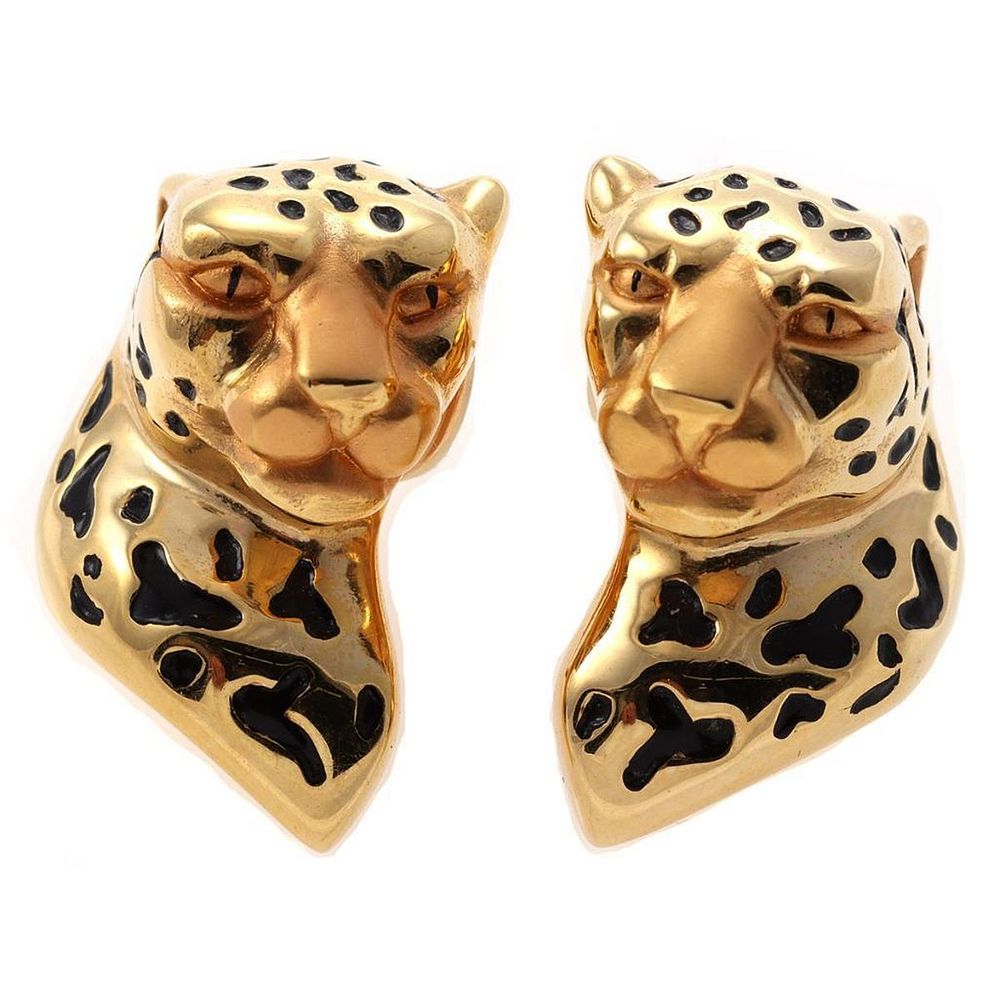 Appraisal: Charles Garnier k gold enamel leopard earrings hollow design made