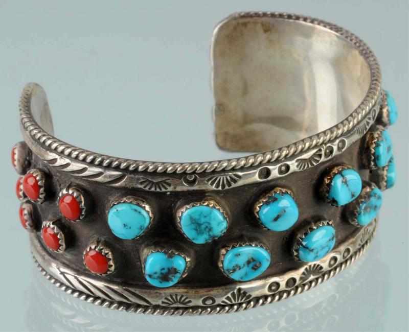 Appraisal: Native American Indian Silver Bracelet Description With turquoise and red