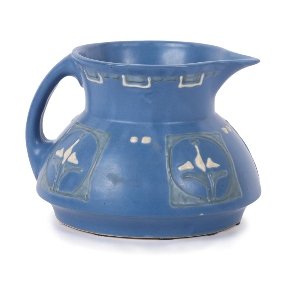 Appraisal: ROSEVILLE AZTEC ARTS AND CRAFTS POTTERY MATTE BLUE HANDLED PITCHER