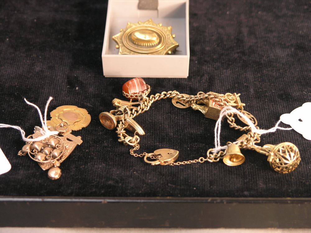 Appraisal: A ct gold charm bracelet containing thirteen ct gold charms