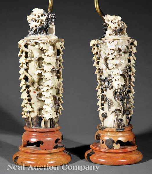 Appraisal: A Pair of Chinese Soapstone Covered Vases the columnar bodies