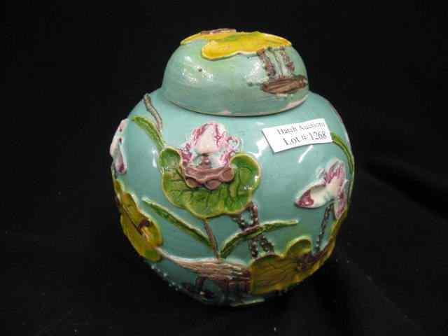 Appraisal: Chinese Pottery Ginger jar raised crane water lily decor ''