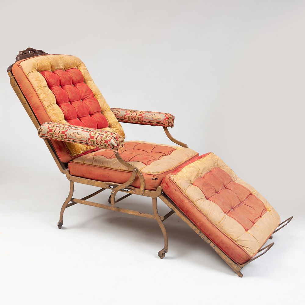 Appraisal: Victorian Mahogany Painted Metal and Upholstered Adjustable Chaise Lounge Indistinctly