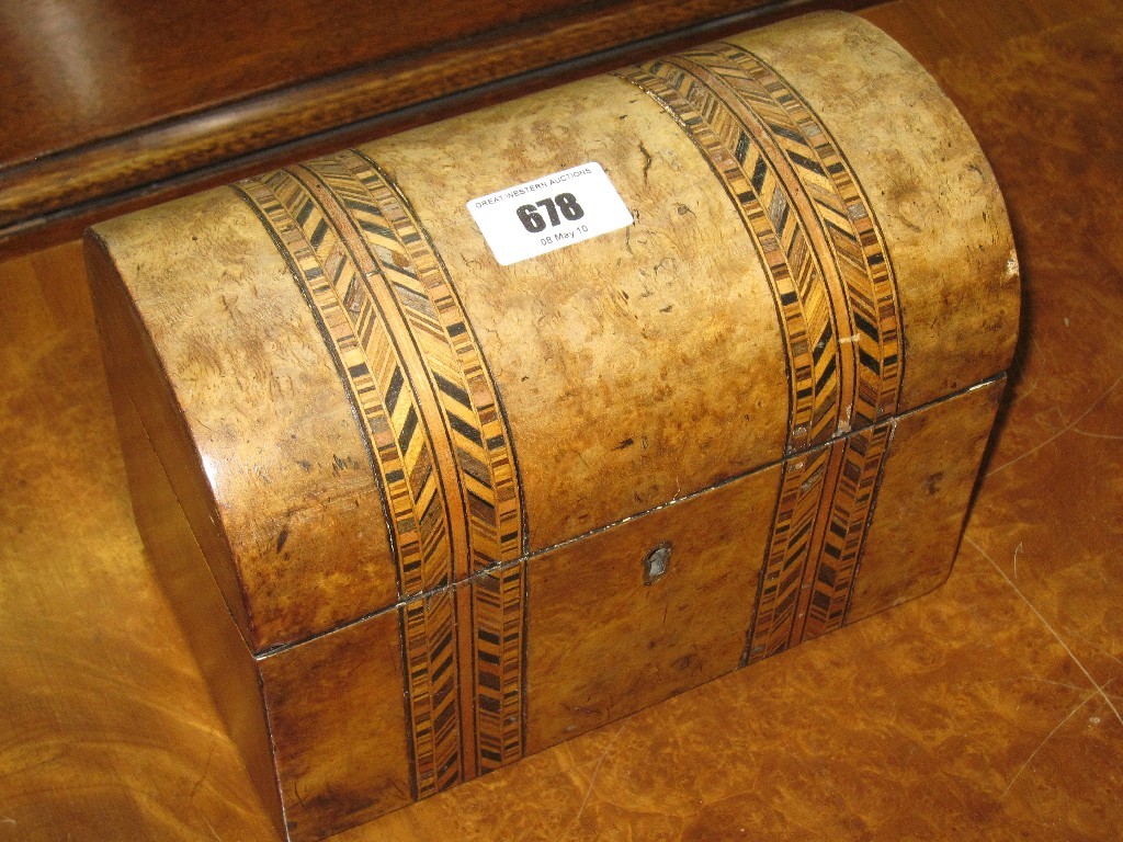 Appraisal: Walnut parquetry inlaid dome top tea caddy