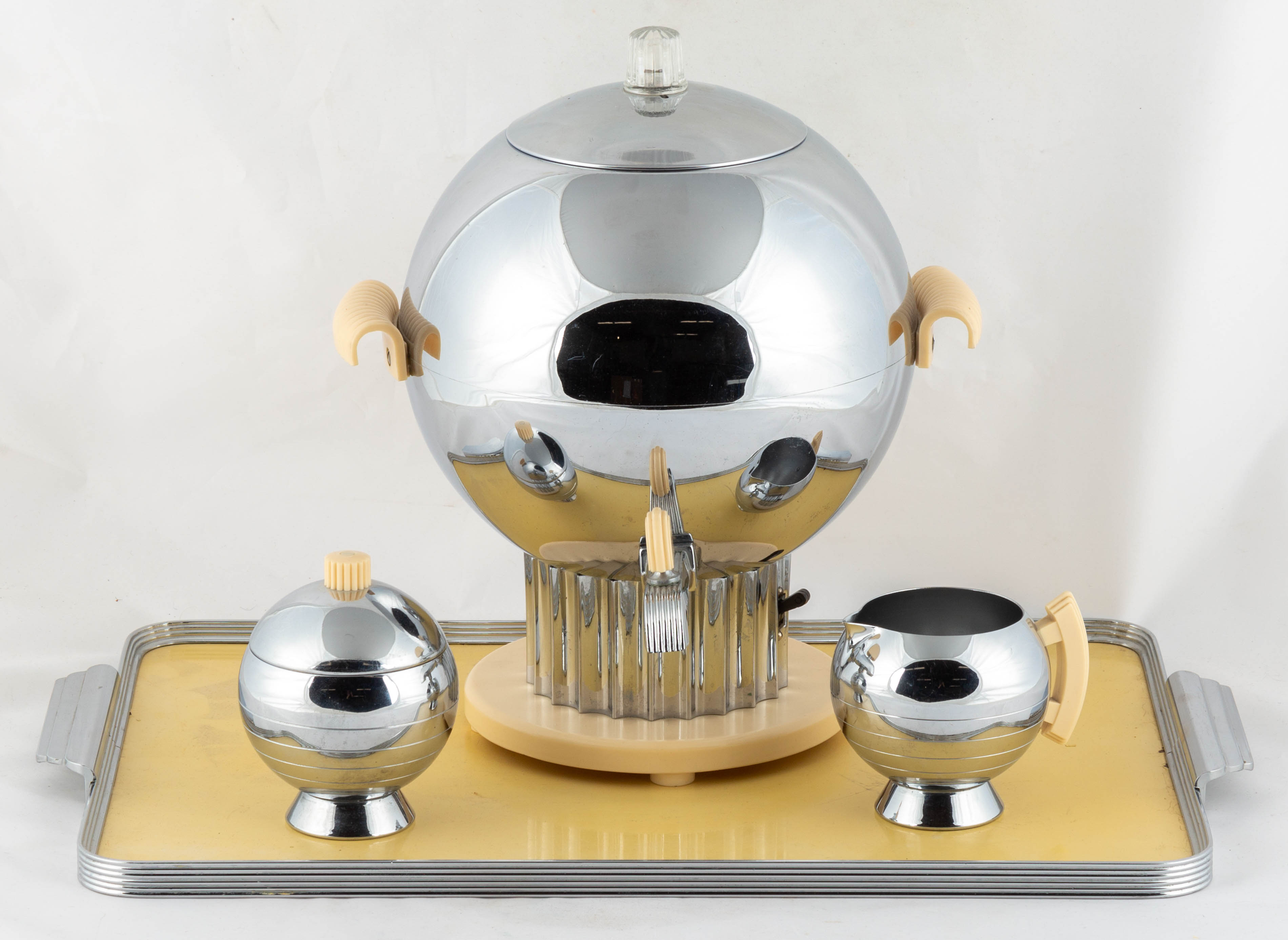 Appraisal: ART DECO COFFEE SAMOVAR SET circa chrome-plated metal with bakelite