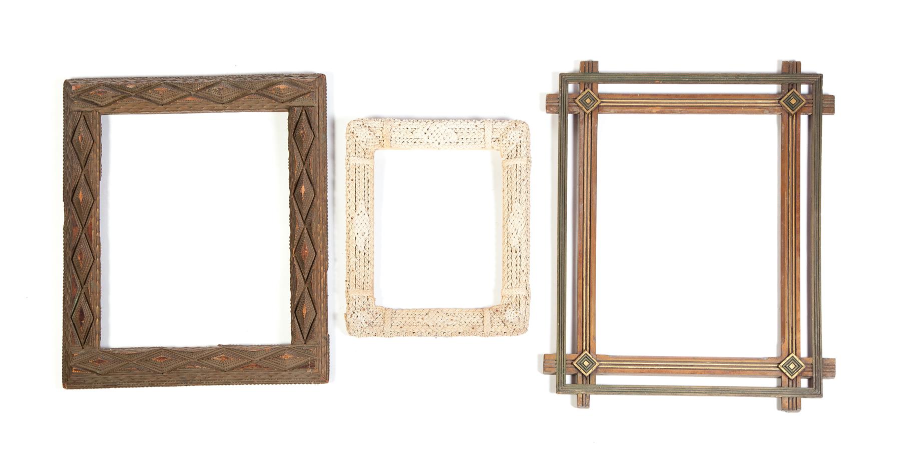 Appraisal: THREE FOLK ART FRAMES American early th century Two frames