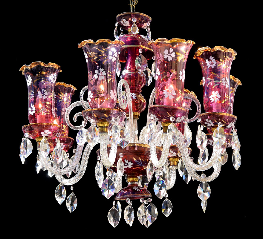 Appraisal: LARGE BOHEMIAN LIGHT CHANDELIER Amethyst raspberry flash glass body and