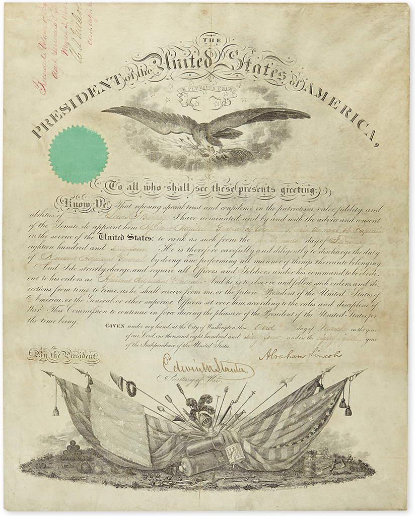 Appraisal: LINCOLN ABRAHAM Partly-printed vellum Document Signed as President military commission