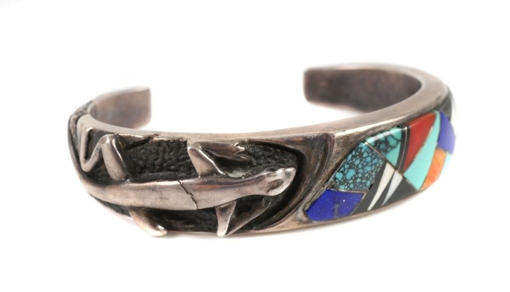 Appraisal: LORRAINE LONG NAVAJO STERLING CUFF BRACELETChannel inlay sterling silver cuff