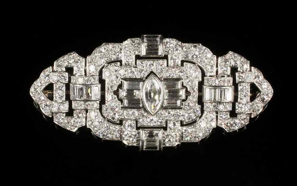 Appraisal: BROOCH - Art Deco Platinum and Diamond Brooch centered by