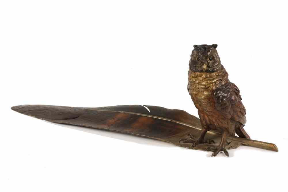 Appraisal: BRONZE INKWELL - Austrian Cold Painted Bronze Owl on Feather