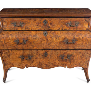 Appraisal: A Venetian Rococo Marquetry and Burl Radica Bomb Commode Mid-