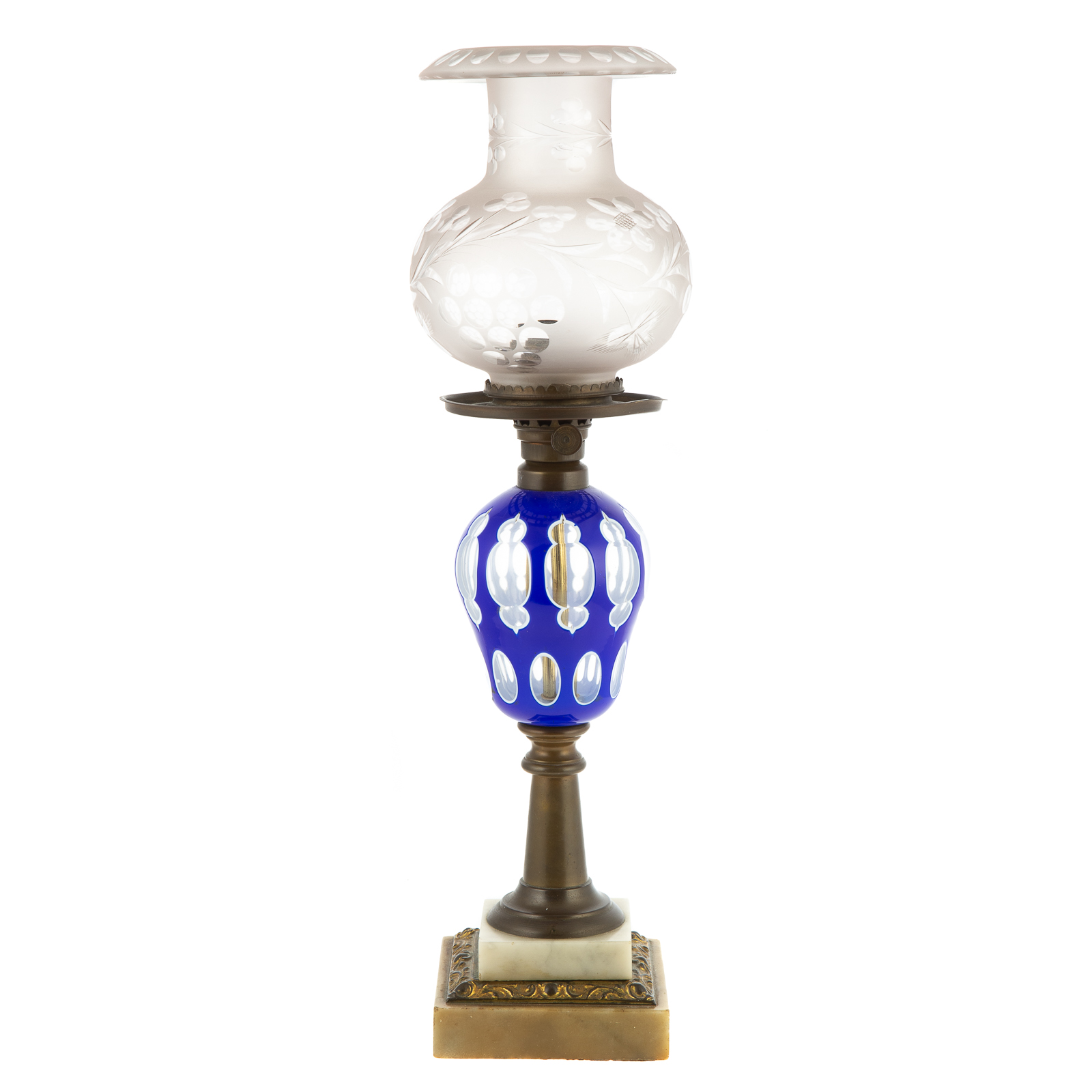 Appraisal: BOSTON SANDWICH GLASS OIL LAMP Circa - cobalt cut to