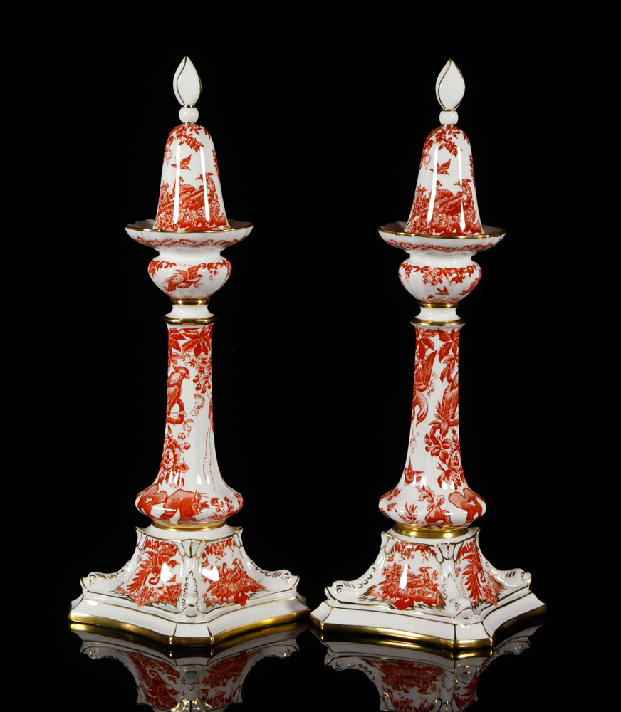 Appraisal: - Pr Royal Crown Derby Red Aves Candlesticks Pair of