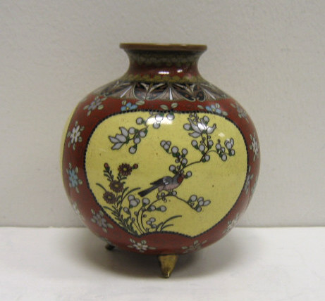 Appraisal: CHINESE CLOISONNE VASE Globular brick red grounded with plum blossoms