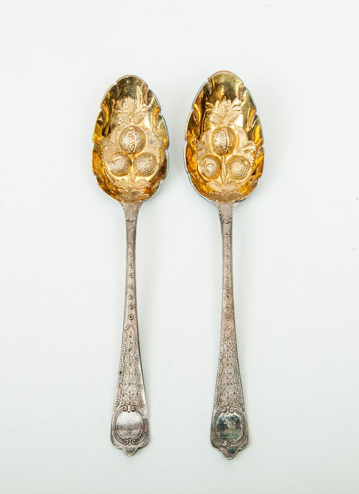 Appraisal: Pair of Georgian Silver Spoons Refashioned as Fruit Spoons Cased