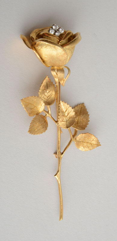 Appraisal: VINTAGE K YELLOW GOLD AND DIAMOND ROSE BROOCH Stamped '