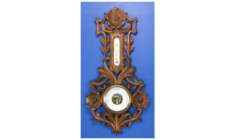 Appraisal: Russian Barometer And Thermometer Carved Beech Floral Frame The White