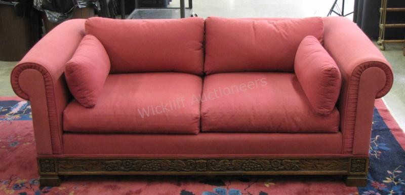 Appraisal: Romweber Viking Oak rolled arm upholstered sofa grape motif carving