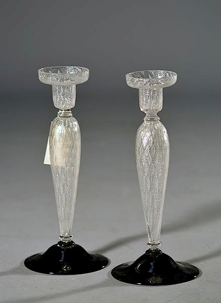 Appraisal: Pair of Steuben Silverina Candlesticks Pair of signed Steuben silverina