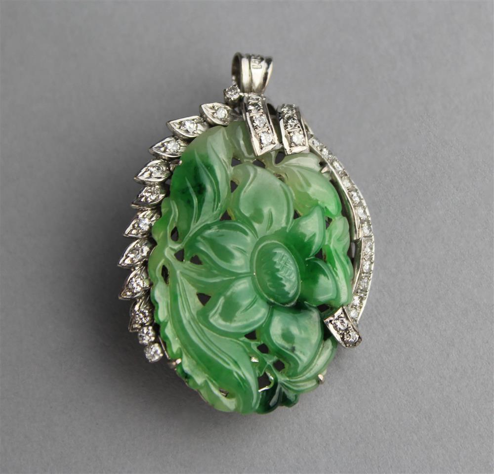 Appraisal: JADEITE AND DIAMOND BROOCH SET IN K WHITE GOLD jadeite