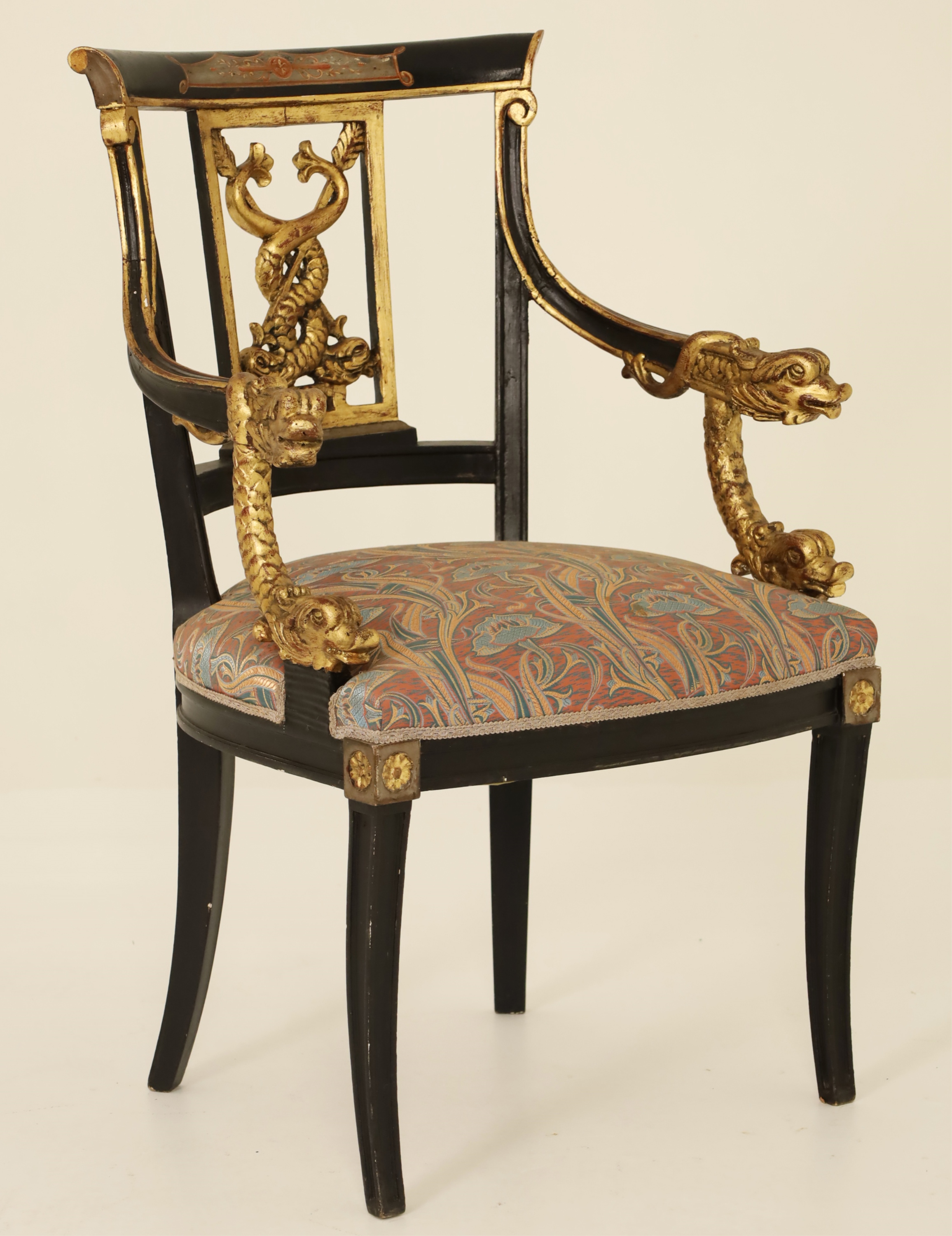 Appraisal: POLYCHROME NEO-CLASSICAL DOLPHIN ARM CHAIR Polychrome Neo-classical dolphin arm chair