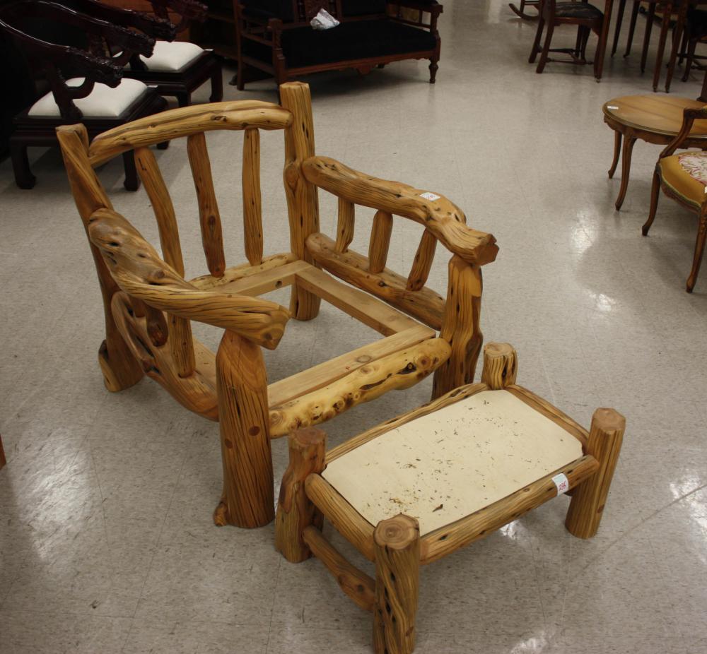 Appraisal: CUSTOM ARTISAN STUDIO JUNIPER LOG FURNITURE GROUP armchair footstool and