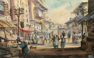 Appraisal: Geoff Green late th Century- Street market in Calcutta India