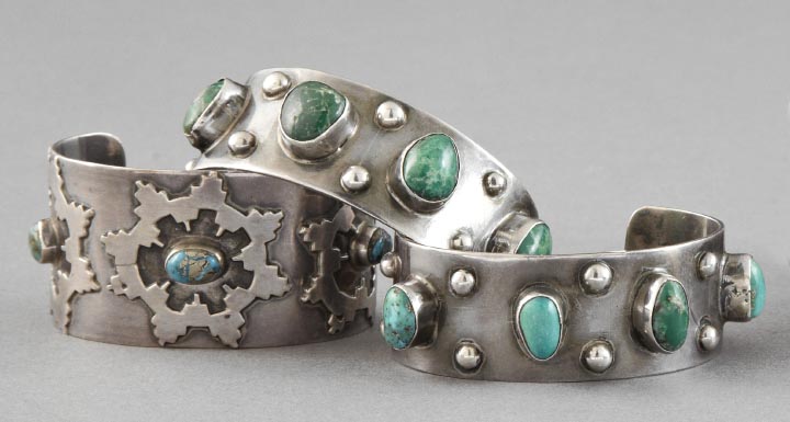 Appraisal: Group of Three Silver and Turquoise Southwestern Cuff Bracelets two