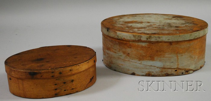 Appraisal: Two Oval Lapped-seam Covered Shaker-style Boxes the larger painted light