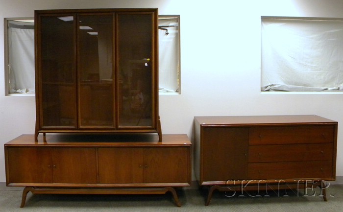 Appraisal: Mid-century Modern Walnut Two-part Book Cabinet and Side Cabinet