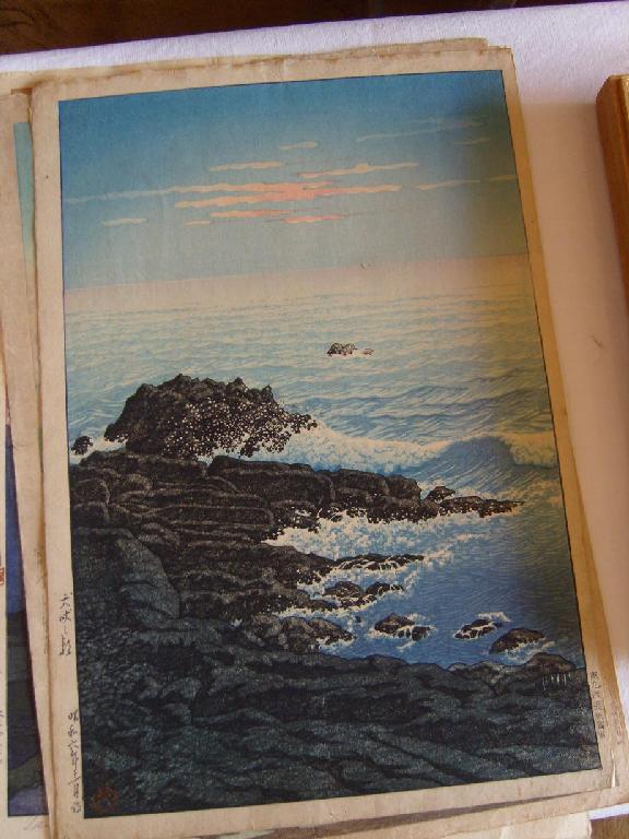 Appraisal: Three th century Japanese woodcuts circa rocky coastal view mountain