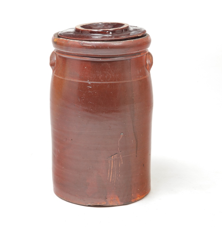 Appraisal: AMERICAN REDWARE CHURN Mid th century Two applied handles Albany