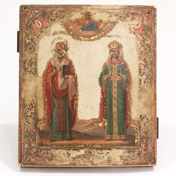 Appraisal: RUSSIAN ICON OF TWO SAINTS x Polychromed and enameled icon