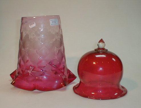 Appraisal: A Victorian cranberry glass shade with etched floral decoration and