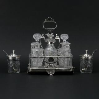 Appraisal: Antique English Repousse Sterling Silver Glass Bottle Cruet Set with