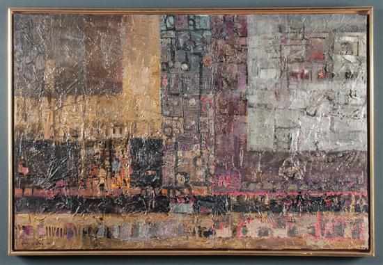 Appraisal: Gladys Goldstein American - ''City Square'' mixed media on canvas