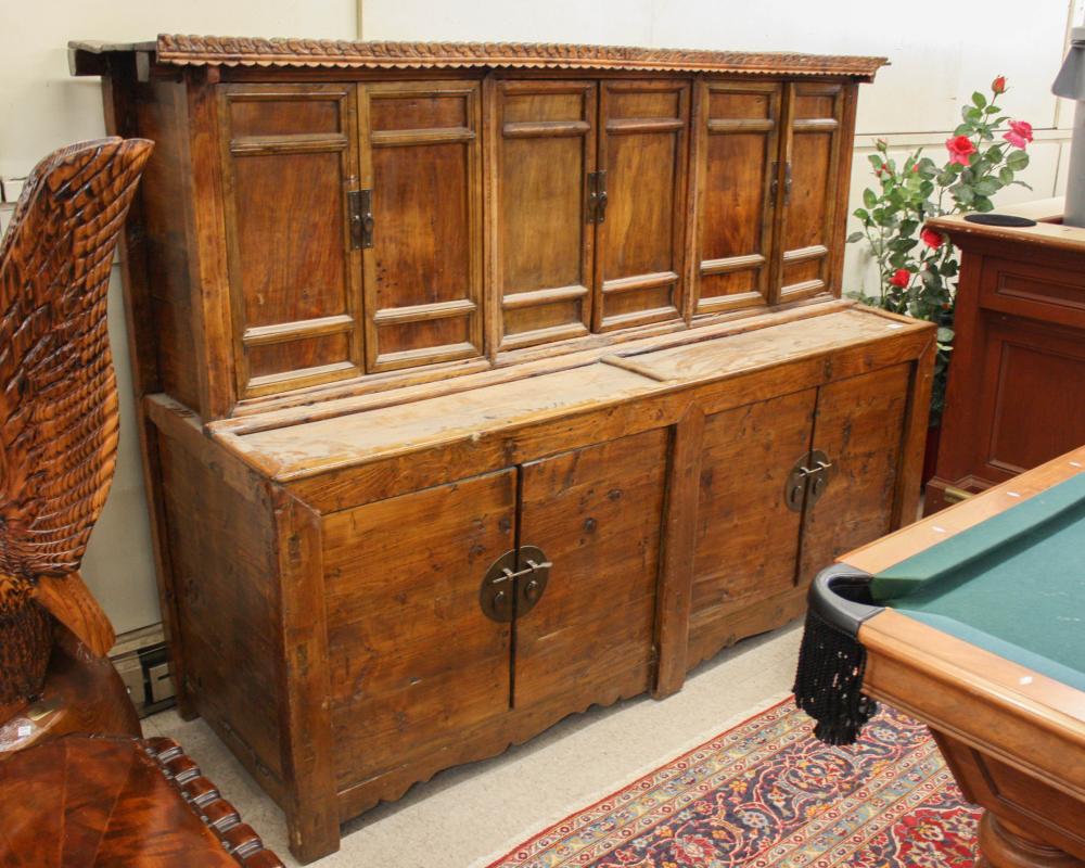 Appraisal: CHINESE COUNTRY ELMWOOD SIDEBOARD six-door top section surmounting a deeper