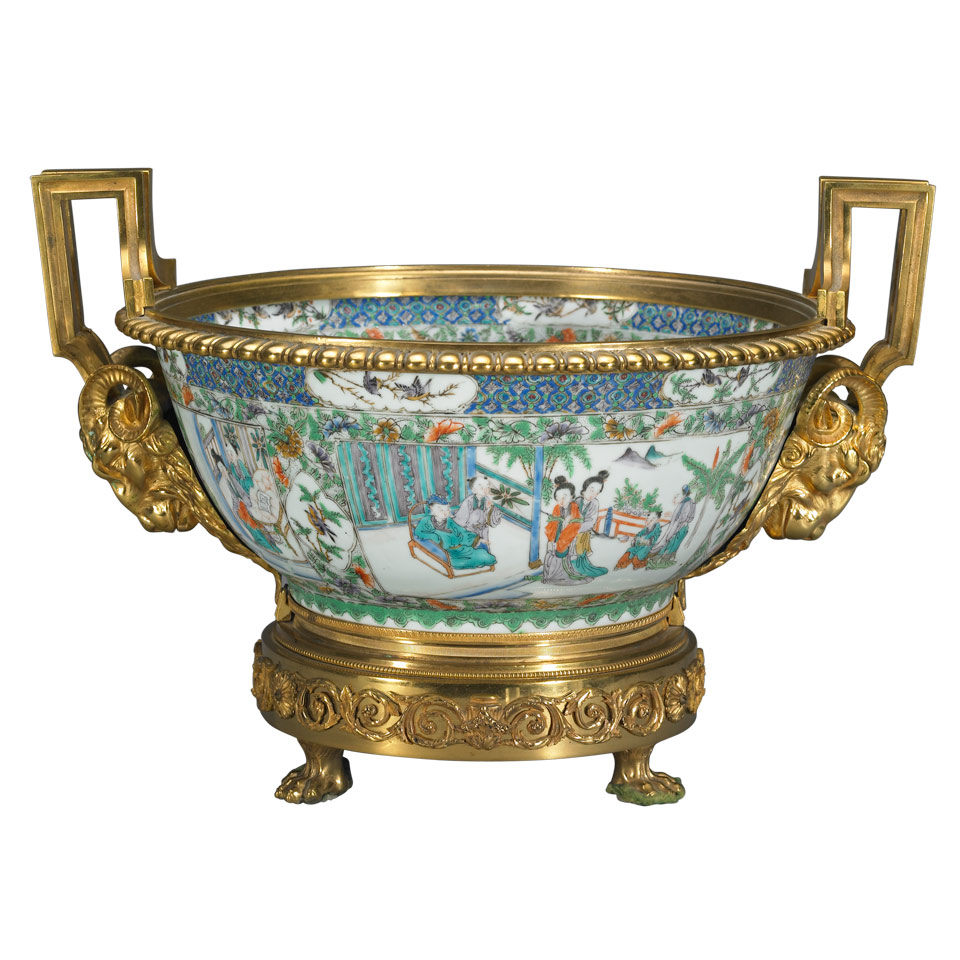 Appraisal: Ormolu Mounted Chinese Export Porcelain Famille Verte Bowl mid th