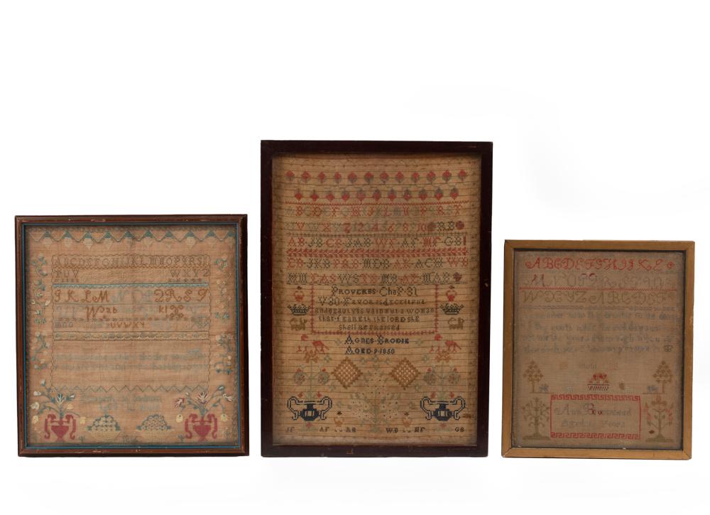 Appraisal: Three Antique Schoolgirl Samplers th c framed largest in x