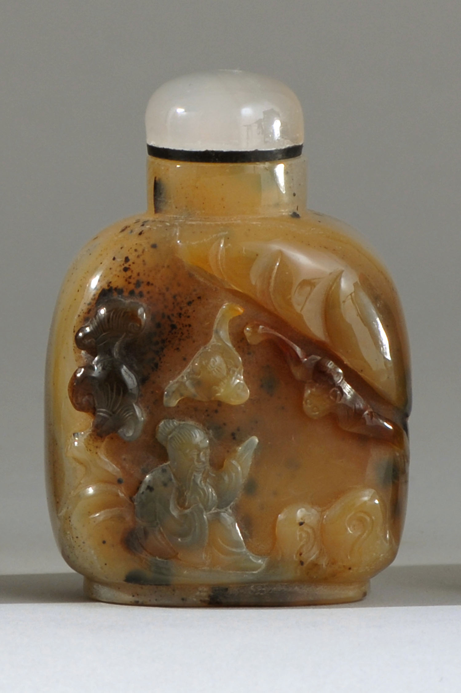 Appraisal: MULTI-COLOR AGATE SNUFF BOTTLE Circa In flattened ovoid form with