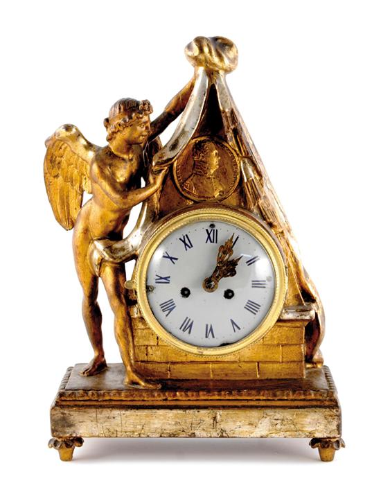 Appraisal: Continental carved giltwood figural mantel clock th century depicting standing