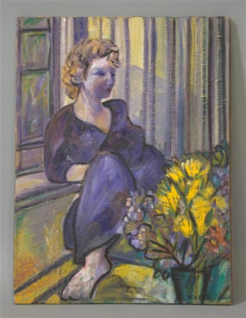 Appraisal: WOMAN SEATED BY A WINDOW Oil on canvas x in