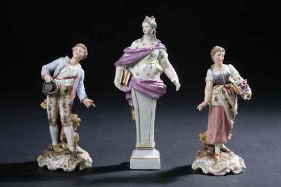 Appraisal: THREE CONTINENTAL PORCELAIN FIGURES Comprising pair Rudolstadt Volkstedt paysan figures